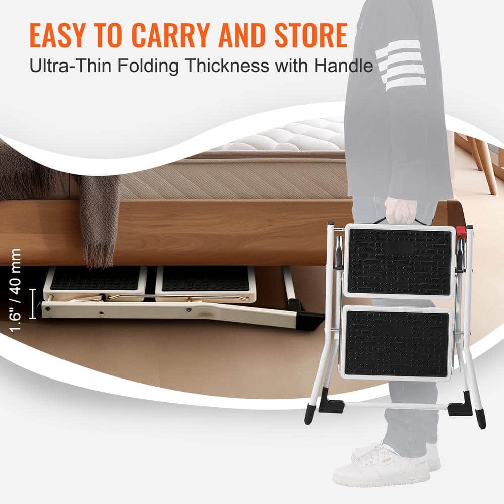 White Foldable 2-Step Steel Ladder with Anti-Slip Pedals