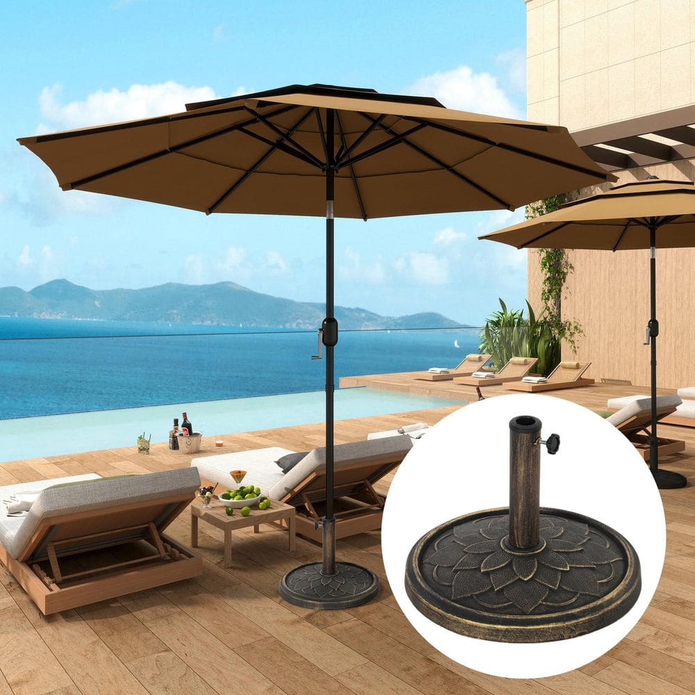 Bronze Round Concrete Patio Umbrella Base with Lotus Design