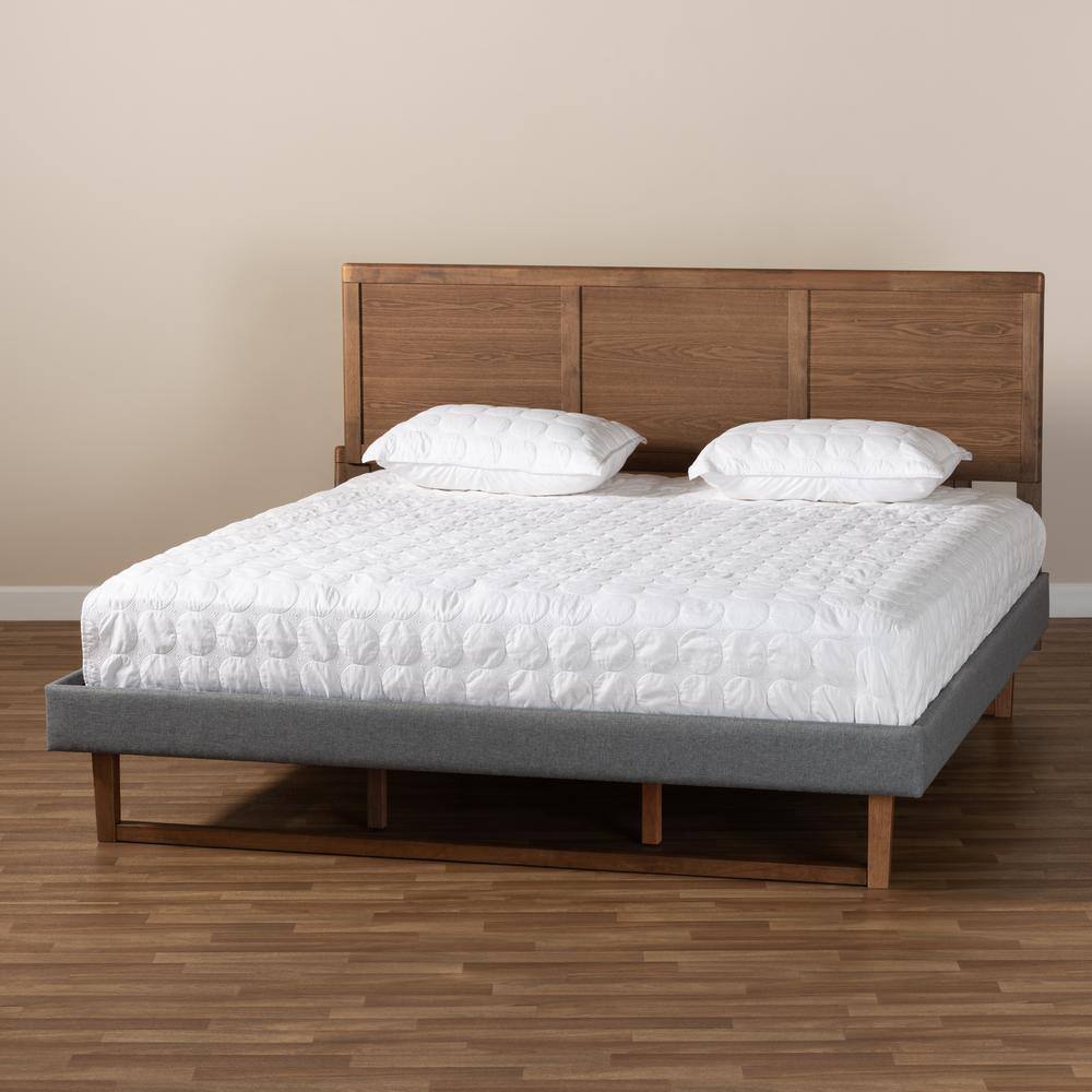 King Size Dark Gray Upholstered Wood Platform Bed with Adjustable Headboard