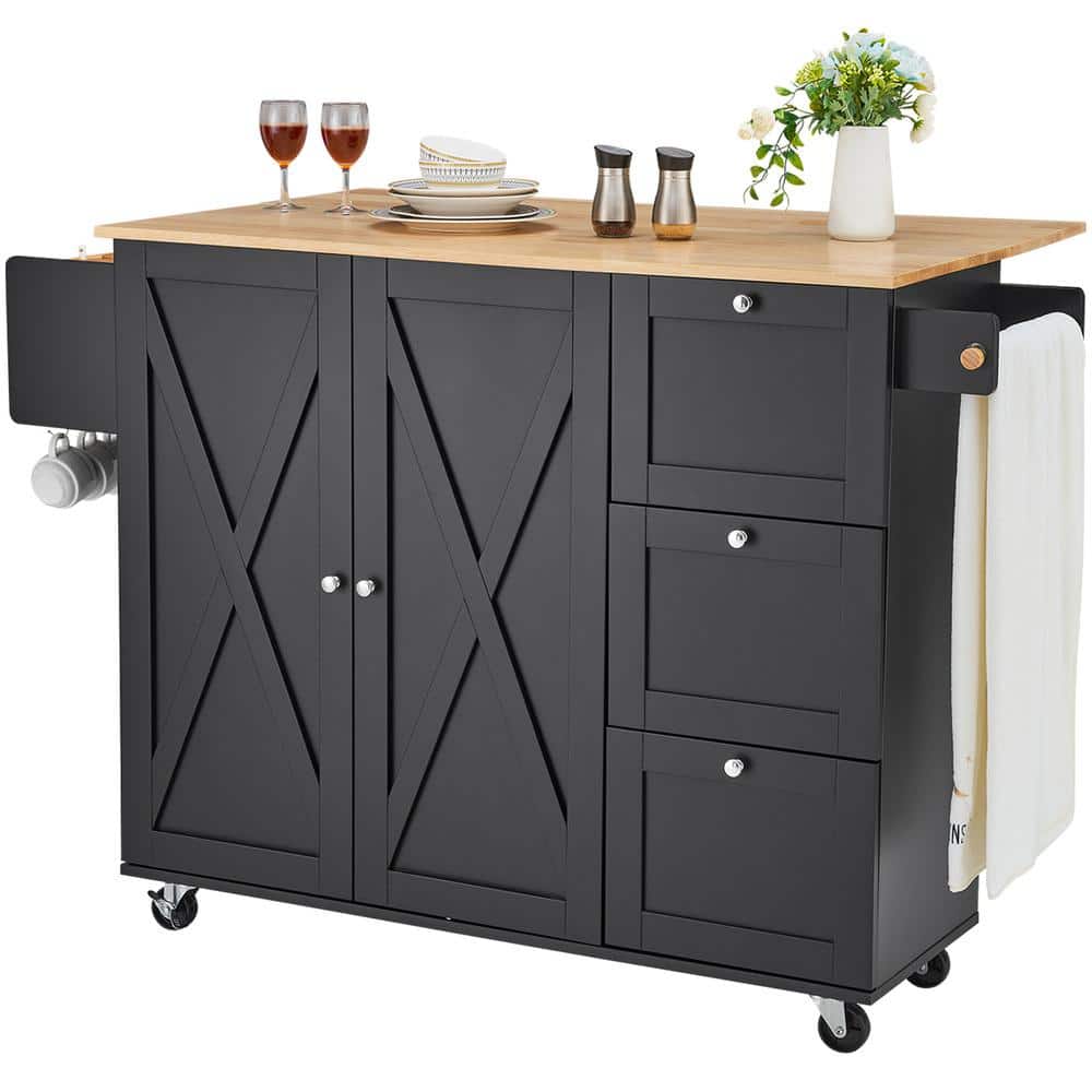56 in. Kitchen Cart Mobile Rolling Table with Natural Wood Top, Storage Cabinet, Drop Leaf, Spice Rack, Towel Bar Black price history on PriceWatchPro