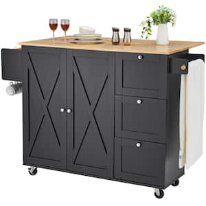 56 in. Kitchen Cart, Mobile Rolling Table with Wood Top, Storage Cabinet, Drop Leaf, Spice Rack, Towel Bar Black