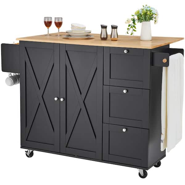 56 in. Kitchen Cart Mobile Rolling Table with Natural Wood Top, Storage Cabinet, Drop Leaf, Spice Rack, Towel Bar Black