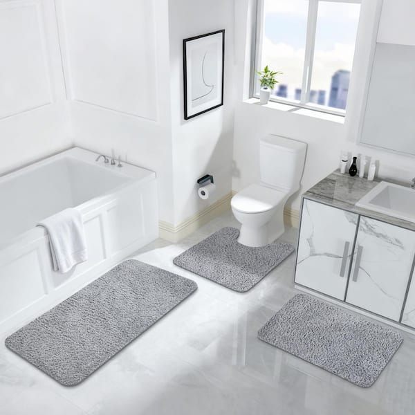 Gray 3 Piece Bathroom Mat Set Absorbent Bath Mat Shower Rugs for Bathroom Non-Slip Dry Quickly Bath Rug for Tub Toilet