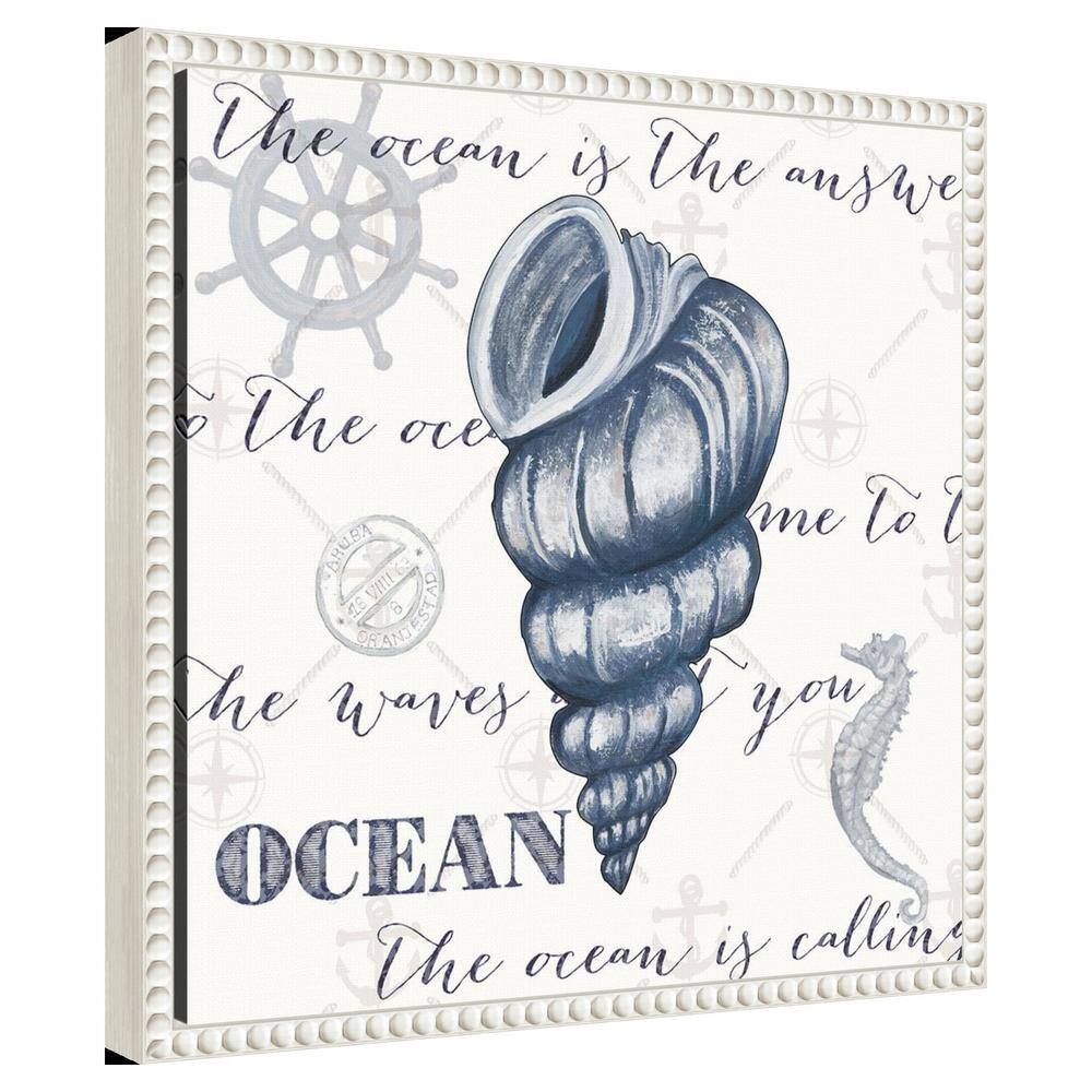 Indigo Ocean Treasures I Coastal Canvas Wall Art with White Beaded Frame