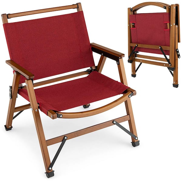 Costway Patio Folding Camping Beach Chair with Solid Bamboo Frame-Red