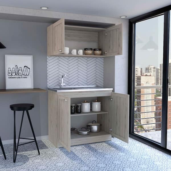 Light Gray Particle Board Cabinet Kitchen Organizer with 2-Sof Close Door and 1-Shelf for Cookware Storage