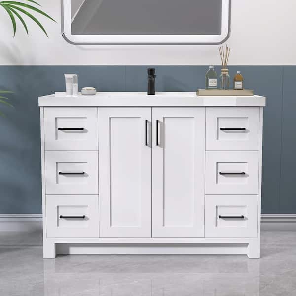 Zeafive 48 in. W x 22 in. D x 35 in. H Single Sink Freestanding Bath Vanity Bathroom in White with White Solid Surface Stone Top