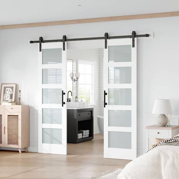 48 in. x 84 in. (Double 24 in. Doors) 5 Lite Frosted Glass White Finished MDF Sliding Barn Door with Hardware Kit