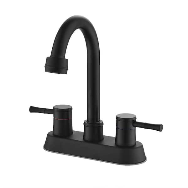 FLG 4 in. Centerset Double Handle High Arc Bathroom Faucet with Drain Kit Included Stainless Steel Sink Taps in Matte Black