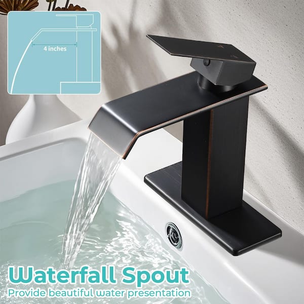 Waterfall Spout Single Handle Single Hole Bathroom Faucet with Deckplate and Pop-Up Drain in Oil Rubbed Bronze