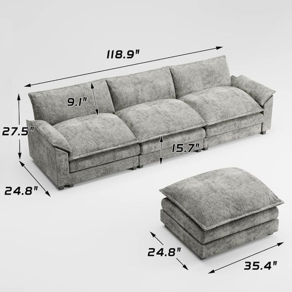 118 in. Chenille Flared Arm L-Shaped Deluxe Pillow-Styled Modular Sectional Sofa in Paris Gray with Ottoman