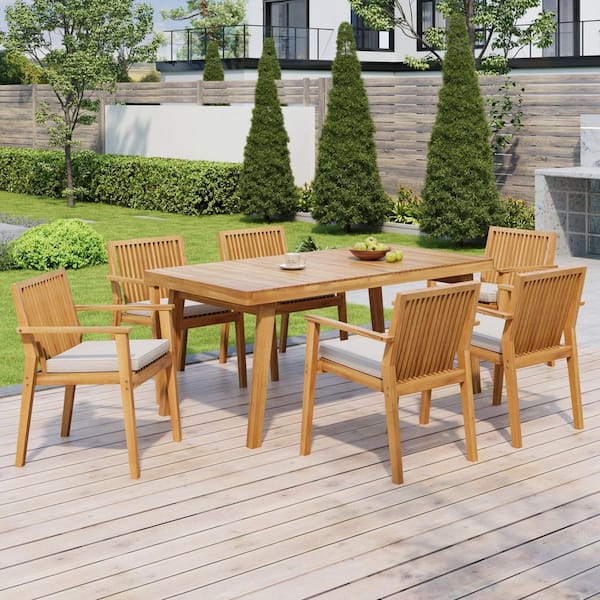 Riverbend Rustic Patio Natural 7-Piece Solid Wood Rectangle Outdoor Dining Set with Beige Cushions, Slat Design