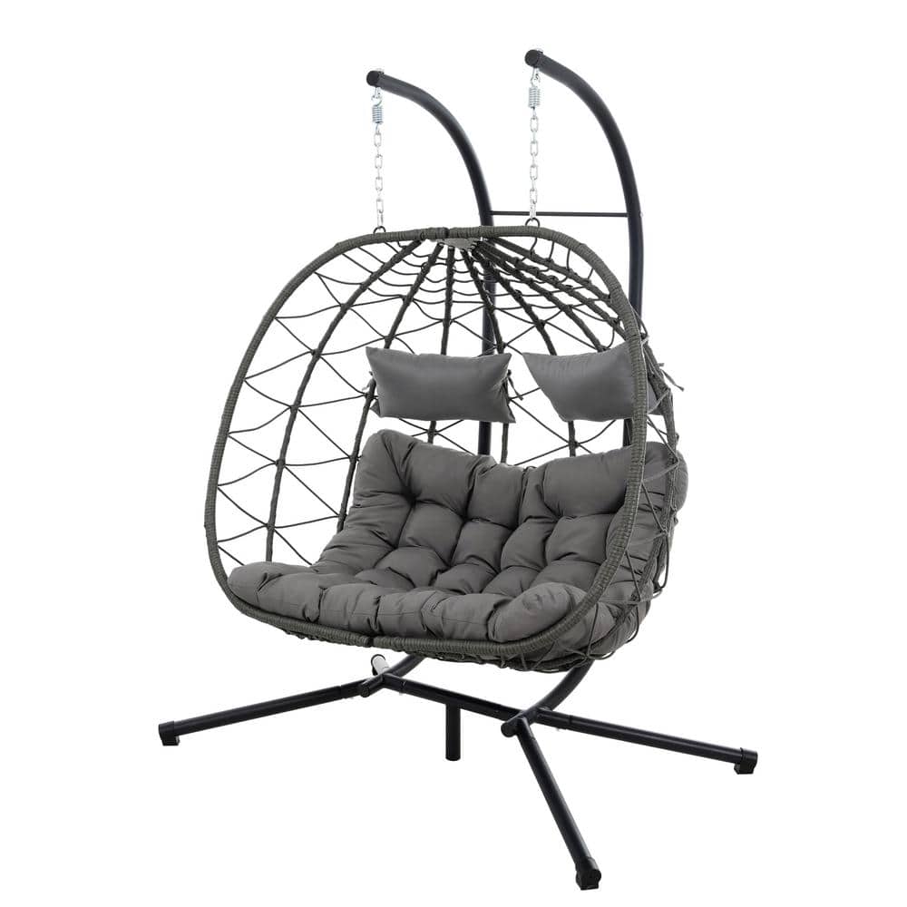 2-Person Gray Wicker Double Swing Egg Chair with Stand and Light Gray Cushi