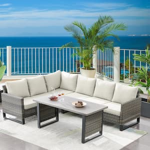Valente Gray 3-Pieces Wicker Patio Conversation Sectional Seating Set with Cushion Guard Beige Cushions