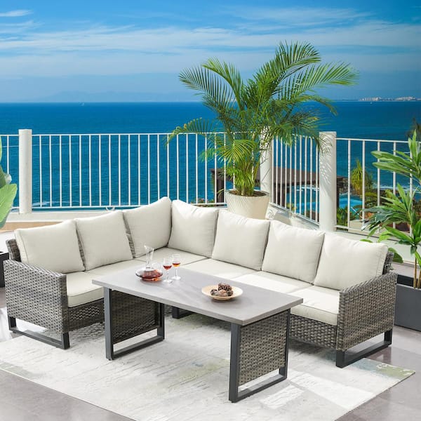 Gymojoy Valente Gray 3-Pieces Wicker Patio Conversation Sectional Seating Set with Cushion Guard Beige Cushions