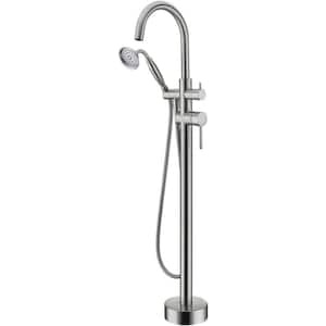 Floor-Mount High-Arc Single-Handle Freestanding Tub Faucet with Hand Shower in Brushed Nickel