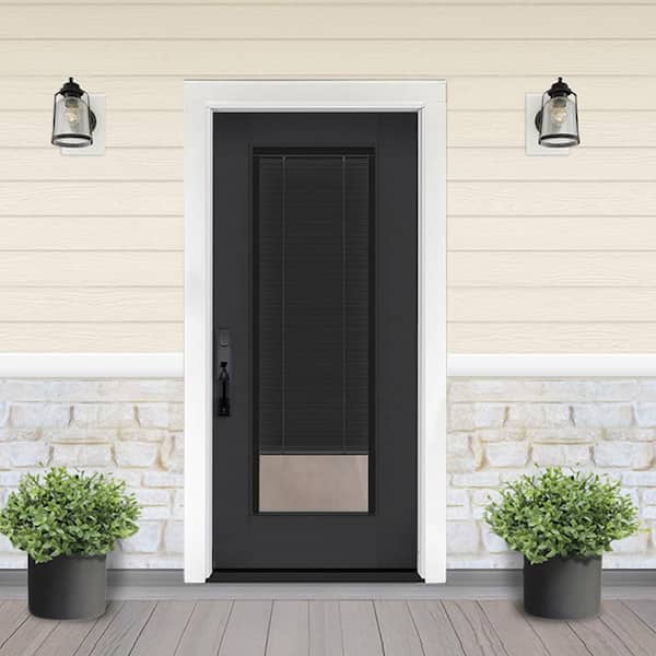 Legacy 28 in. x 77 in. Full Lite Clear Glass Noir Miniblind RHIS Black Finish Fiberglass Prehung Door w/4-9/16 in. Jamb