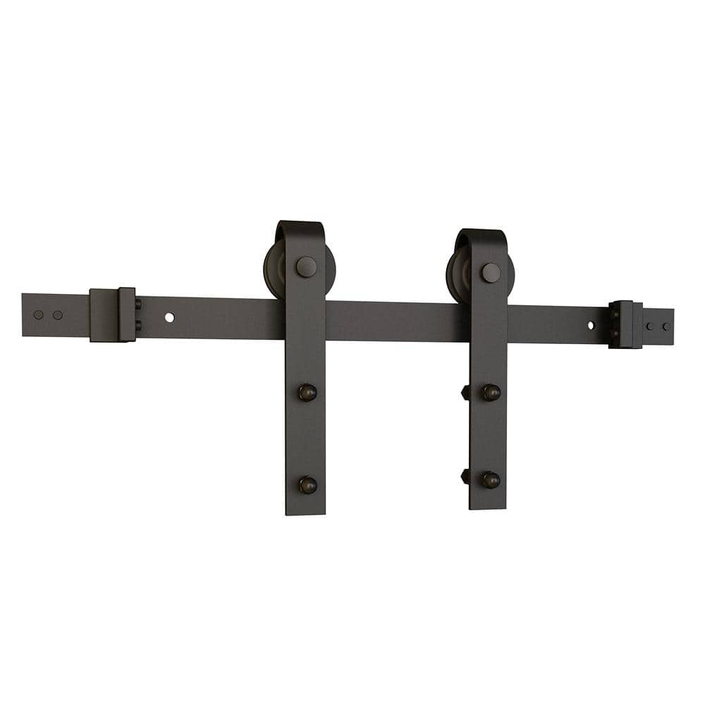 Espresso Solid Steel Sliding Barn Door Hardware Kit with Routed Floor Guide