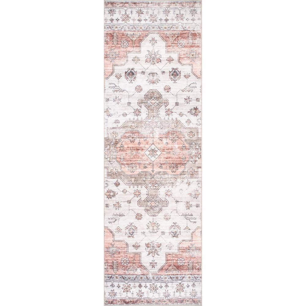 Beige and Coral Flat Woven Synthetic Runner Rug, 2'6"x12'