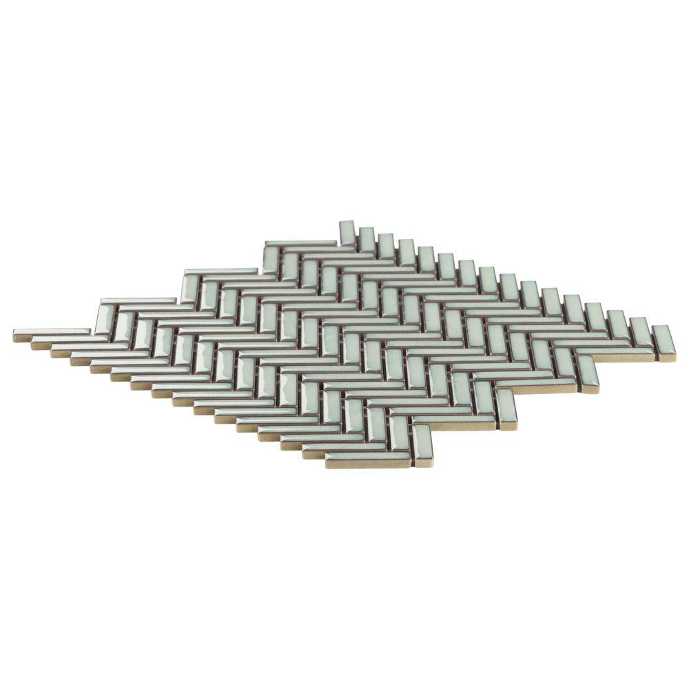 Mint Green Glossy Porcelain Herringbone Mosaic Tile 11.14 in. x 11.14 in.
