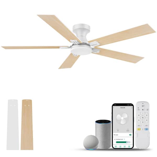 52 in. Smart Outdoor Indoor White Ceiling Fan with LED Lights, Remote, Voice Control via Alexa, Dimmable, 6 speeds
