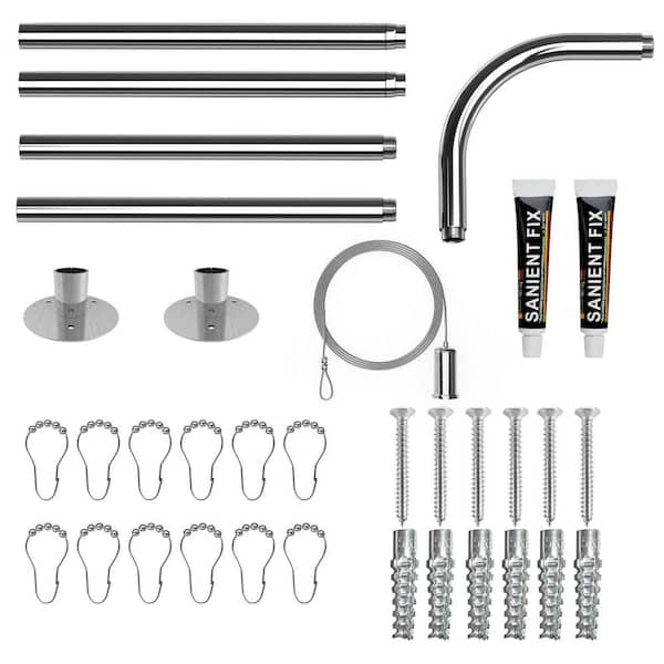 Adjustable L Shaped Corner Curtain Rod 23.6-52.4 in. Silver Stainless Steel Drill-Free Shower Rod with 12 Curtain Rings