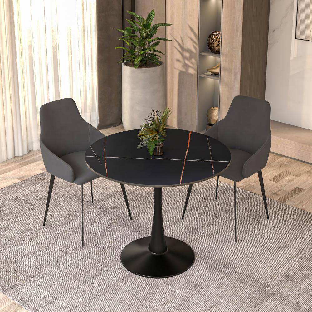 Round Black Marble Dining Table with Steel Base