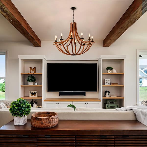 12 Light Faux Wood Texture Rustic Light Fixture Farmhouse Chandeliers for Dining Room Foyer Entryway, Bulb not Included