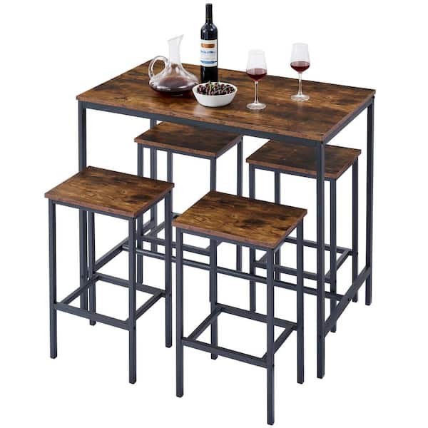 Unbranded Hot Selling Brown Iron 42 in. Kitchen Prep Table, 5-Piece Dinging table Set High Stools for Small Space, Breakfast Nook