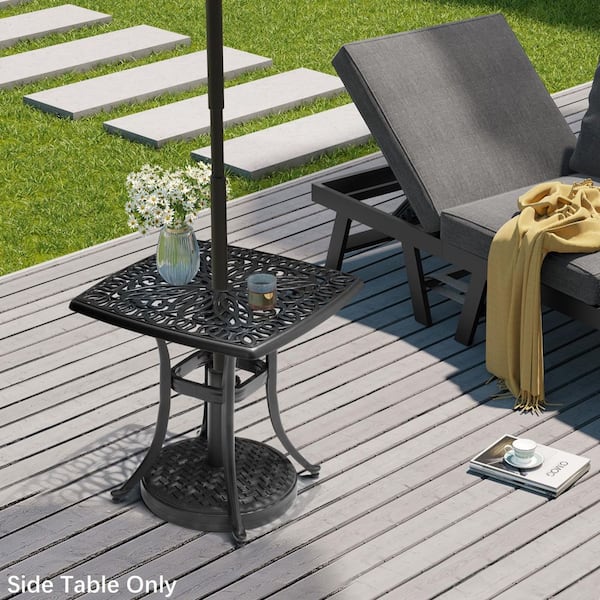 Patio Aluminum 21 in. Square Outdoor Side Table in Black with Umbrella Hole (1-Pack)