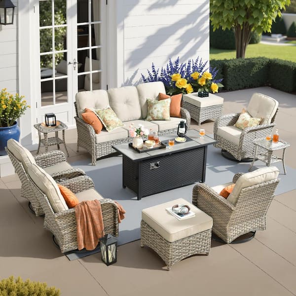 Ruby 10-Piece Wicker Outdoor Fire Pit Furniture Patio Conversation Sofa Set with Swivel Chairs and Beige Cushions