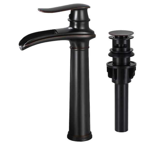 Single Handle Single Hole Vessel Sink Faucet, Waterfall Bathroom Sink Faucet with Pop-Up Drain in Oil Rubbed Bronze