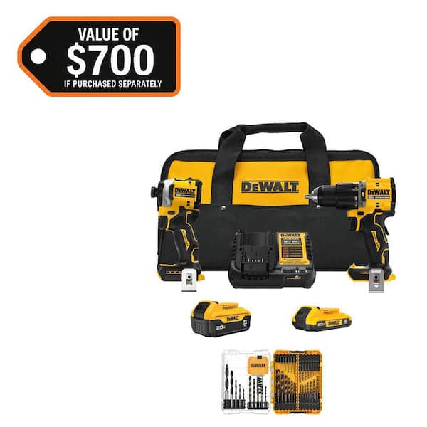 ATOMIC 20-Volt MAX Lithium-Ion Cordless 2-Tool Combo Kit and Drill Bit Set (44-Piece) 5Ah, 2Ah Batteries Charger Kit Bag