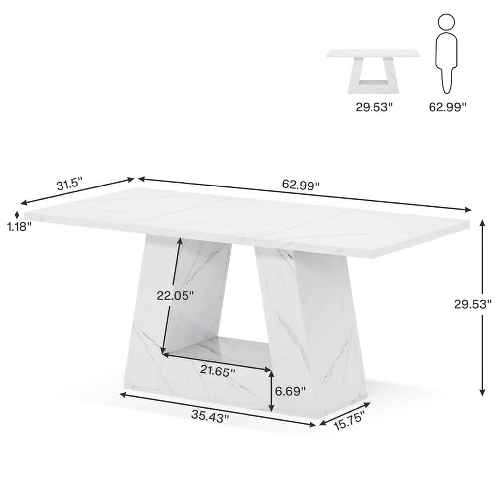 White Faux Marble Rectangular Dining Table with Trapezoidal Base