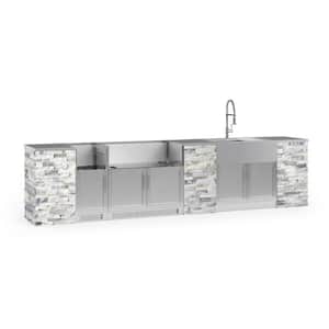 Signature 149.16 in. L x 25.5 in. D x 58.64 in. H 11-Piece SS Outdoor Kitchen Cabinet Set in White Crystal Marble Stone