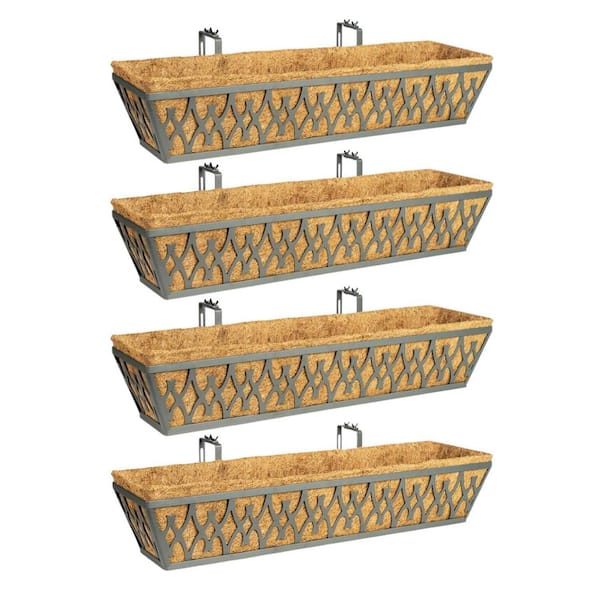 30" Gray Carbon Steel Hanging Planter with Coco Liner Drainage Adjustable Bracket Window Box 4-Pack