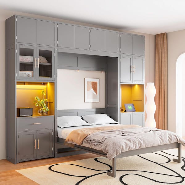 Gray Wood Frame Full Murphy Bed with Storage Cabinets, Desk and Glass-Door Hutch