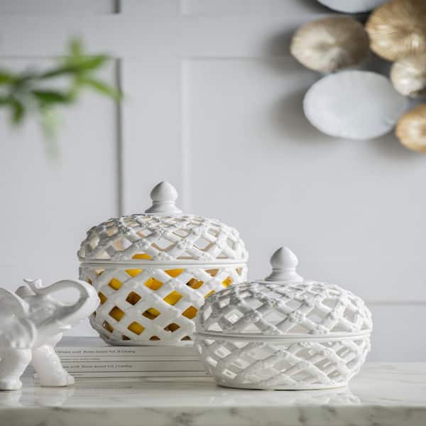 Unbranded Adorable Charming White Ceramic Lidded Jar with Lattice Design, for Tabletop, Mantel, Sideboard, or Shelf
