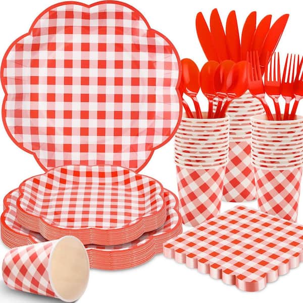 Gingham 9 fl. oz. Red Paper Disposable Waterproof Dinnerware, Spring Picnic BBQ Party Supplies Set of 175