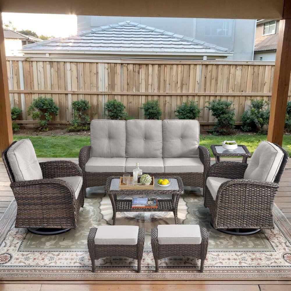 Brown 7-Piece Wicker Patio Conversation Set with Swivel Rockers, Outdoor Sofa Seating Set with Olefin Beige Cushions price history on PriceWatchPro