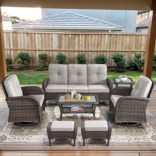 Brown 7-Piece Wicker Patio Conversation Set with Swivel Rockers, Outdoor Sofa Seating Set with Olefin Beige Cushions