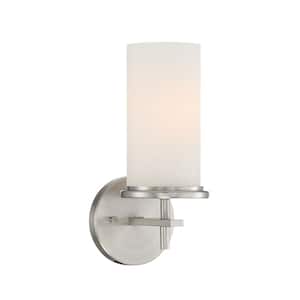 Haisley 5 in. 1-Light Brushed Nickel Vanity Light with White Glass Shade