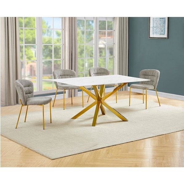 Best Quality Furniture Riley 5-Piece White Marble Wrap Glass Top Gold Chrome Iron Legs Dining Set with 4 Grey Chairs