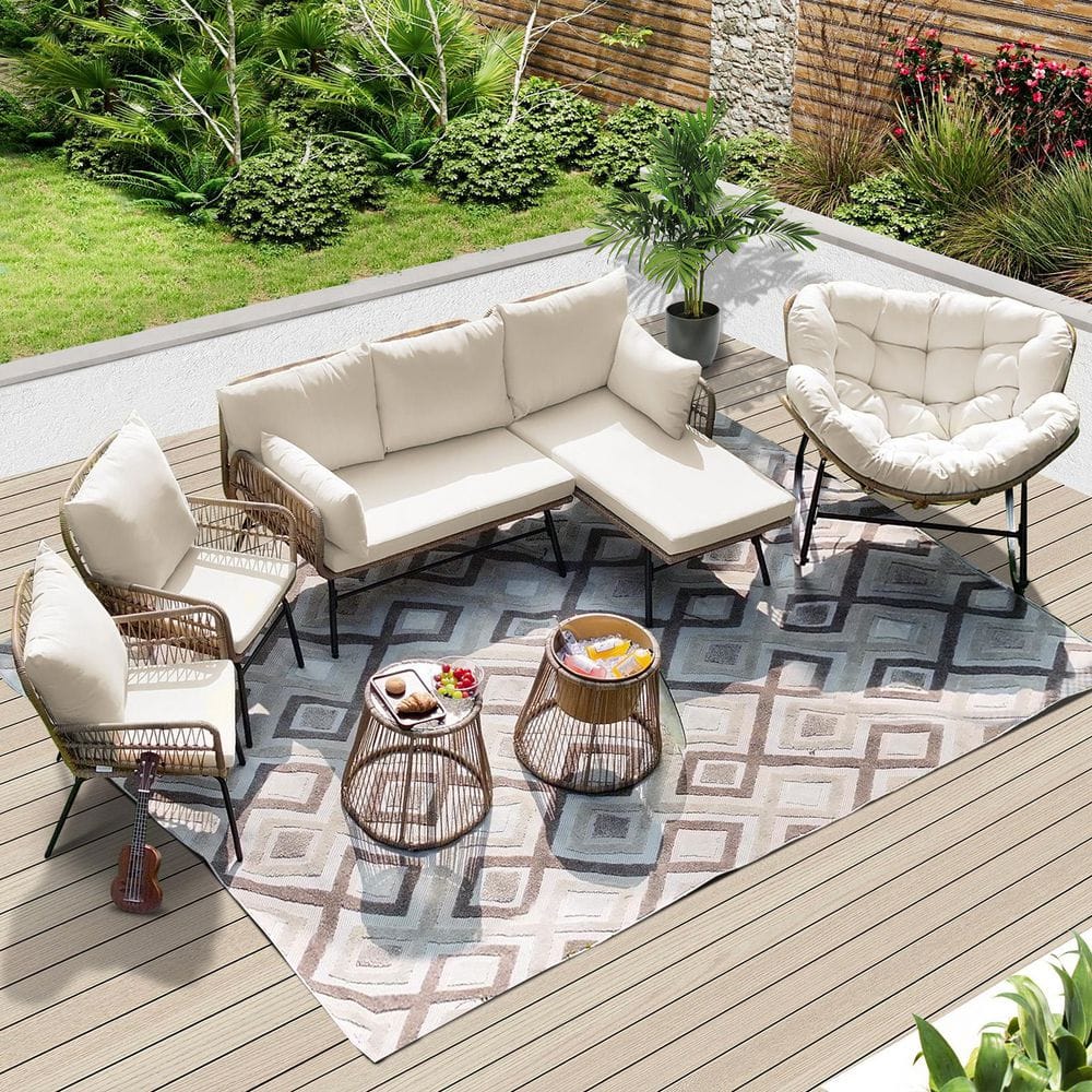 6-Piece Wicker Rattan Outdoor Bistro Set with Cushion, L-Shaped Patio Chaise, Rocking Chair, Ice Bucket, Table for Porch price history on PriceWatchPro