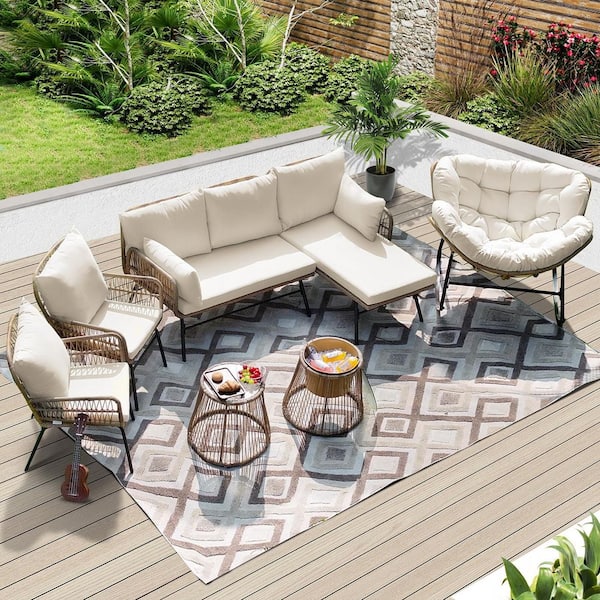6-Piece Wicker Rattan Outdoor Bistro Set with Cushion, L-Shaped Patio Chaise, Rocking Chair, Ice Bucket, Table for Porch