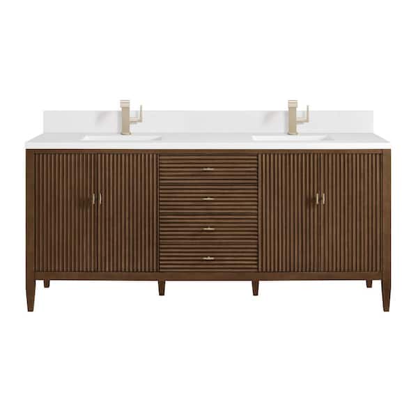 James Martin Vanities Myrrin 72.0 in. W x 23.5 in. D x 34.06 in. H Double Bathroom Vanity in Mid-Century Walnut with White Zeus Quartz Top