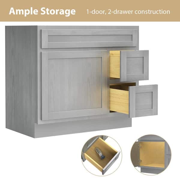 Vanity Art 36 in. W x 21 in. D x 32.5 in. H 2-Right Drawers Bath Vanity Cabinet without Top in Silver