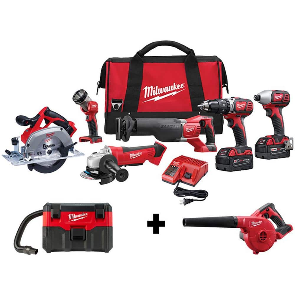 Milwaukee M18 18V Lithium-Ion Cordless Combo Tool Kit (6-Tool) with M18 Wet/Dry Vacuum and Blower