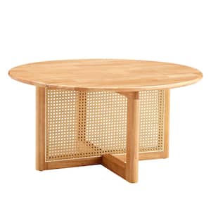 33.46 in. Round Coffee Table with Solid Wood Tabletop, Modern Coffee Table with Faux Rattan Weave and Solid Wood Bracket
