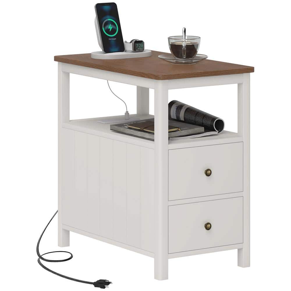 White and Brown Wood End Table with Charging Station and Storage